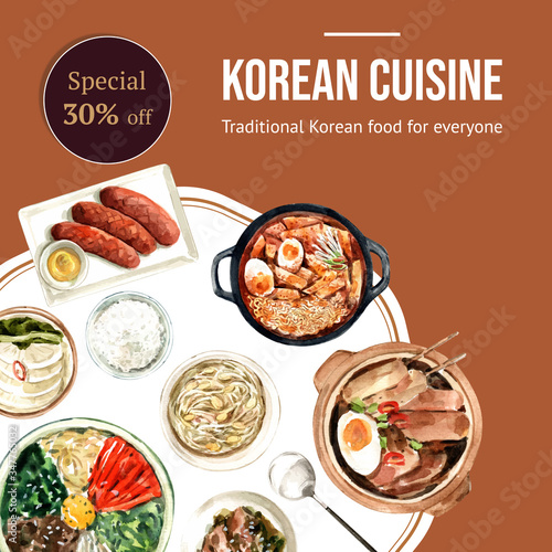 Korean food social media design with noodles, bibimbap watercolor illustration.