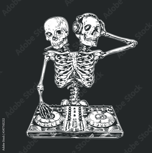 DJ skeleton man with two skulls playing dance rhythm sketch vector