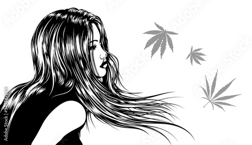 Girl with hair on the wind. Cannabis leaf fly on the wind. Vector image