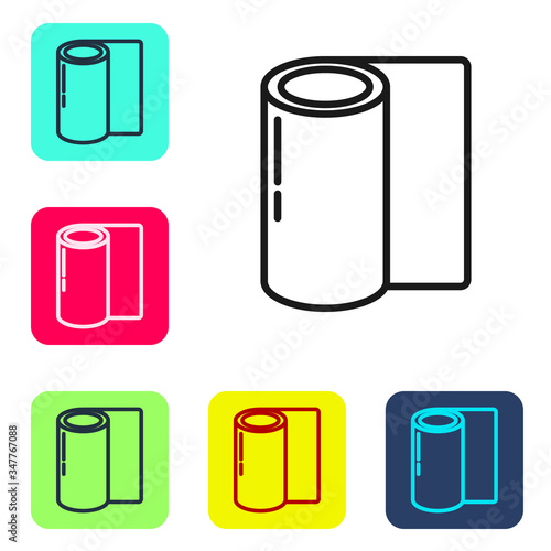 Black line Fitness mat roll icon isolated on white background. Yoga mat rolled. Sport equipment. Set icons in color square buttons. Vector Illustration