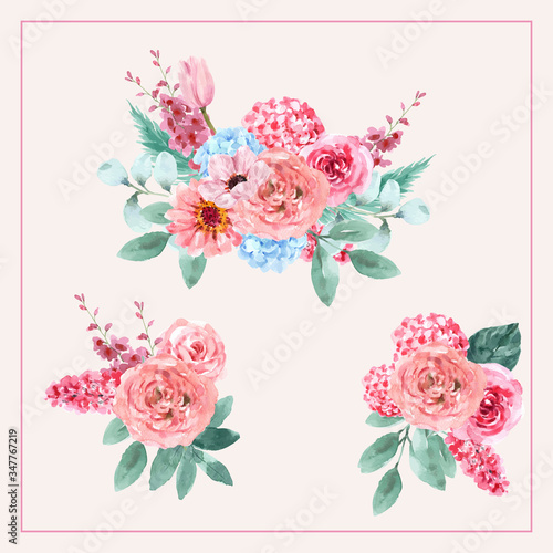 Fototapeta Naklejka Na Ścianę i Meble -  Vintage style floral charming bouquet design with hydrangea, tulip, lupines illustration.