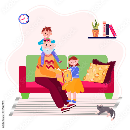 Grandfather read book to granddaughter and grandson. Grandpa with grandkids is sitting in sofa and tell story. Elder read grandchildren fairy tale. Senior with boy and girl stay home and spend time