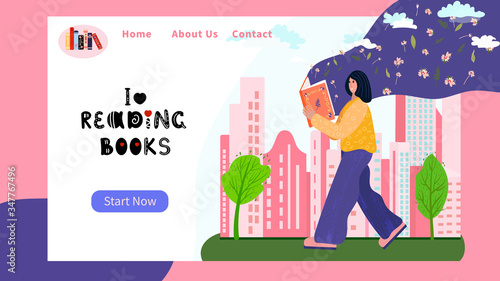 Walking woman with book in city. Gigantic female on the landing page. Literature fan on the banner for book festival. Vector web homepage concept for book fair.
