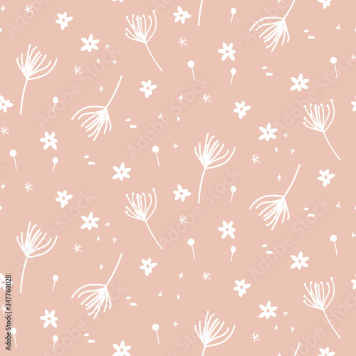 Handdrawn seamless tiny dandelion floral pattern. Light pastel small flowers white background.