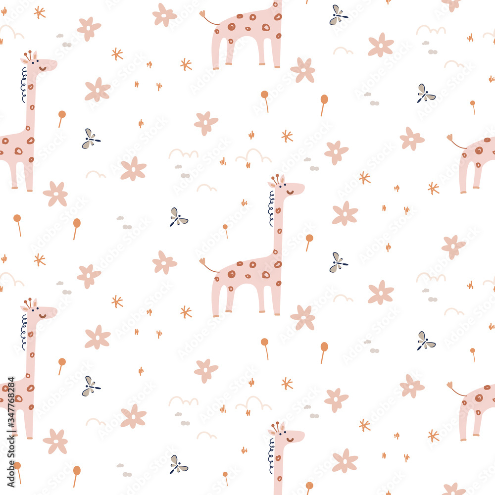 Cute cartoon giraffe vector seamless pattern. Hand drawn nursery decor animal.