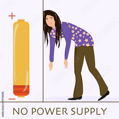 Flat vector character illustration. Tired woman, sleepy mood, weak health, mental exhausted, vector flat illustration. Woman with low energy battery.