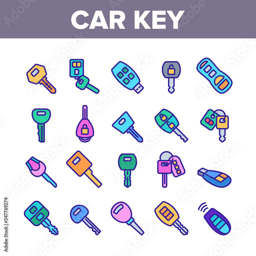 Car Key Equipment Collection Icons Set Vector. Car Key Device Different Style, With Buttons And Trinket, Lock And Open Padlock Concept Linear Pictograms. Color Illustrations