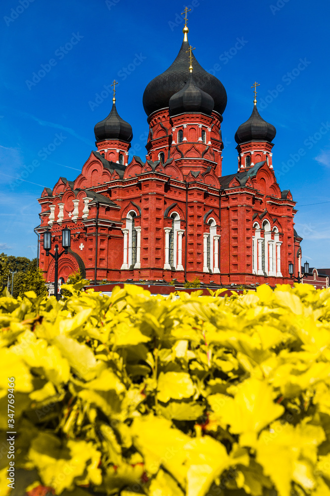 Russia, Tula region, Tula, Assumption Cathedral. Beautiful orange orthodox temple.