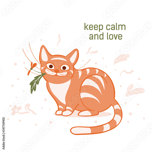 Vector illustration, a cartoon cute sitting red cat with a flower in its mouth on a white background with dots and plants.