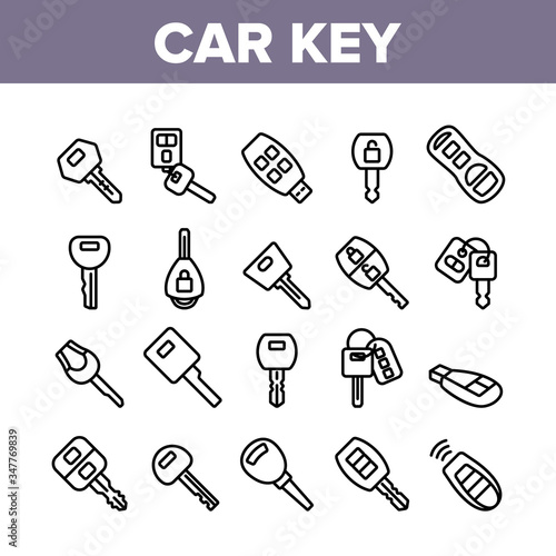 Car Key Equipment Collection Icons Set Vector. Car Key Device Different Style, With Buttons And Trinket, Lock And Open Padlock Concept Linear Pictograms. Monochrome Contour Illustrations