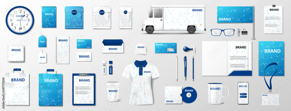 Corporate identity template design. Blue and white Business Stationery mockup for your brand. Realistic Stationery and brochure, van, brochure, mug for your brand. Vector Corporate identity template design. Blue and white Business Stationery mockup for your brand. Realistic Stationery and brochure, van, brochure, mug for your brand. Vector