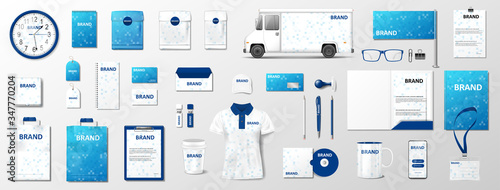 Corporate identity template design. Blue and white Business Stationery mockup for your brand. Realistic Stationery and brochure, van, brochure, mug for your brand. Vector
