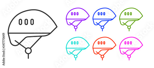 Black line Bicycle helmet icon isolated on white background. Extreme sport. Sport equipment. Set icons colorful. Vector Illustration