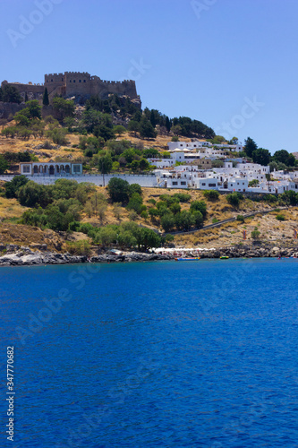 Lindos Village on Rhodes, Greece. Panorama made of the sea.