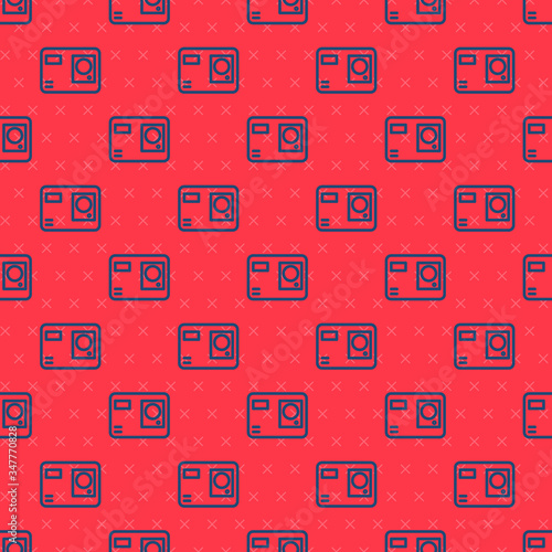 Blue line Action extreme camera icon isolated seamless pattern on red background. Video camera equipment for filming extreme sports.  Vector Illustration