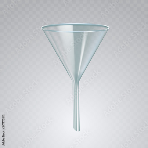 Relistic glass funnet isolated on transparent background. Medical chemical laboratory filter equipment. 3d vector illustration.