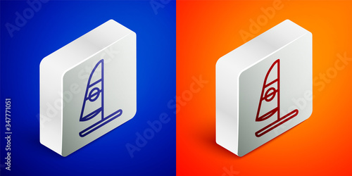 Isometric line Windsurfing icon isolated on blue and orange background. Silver square button. Vector Illustration