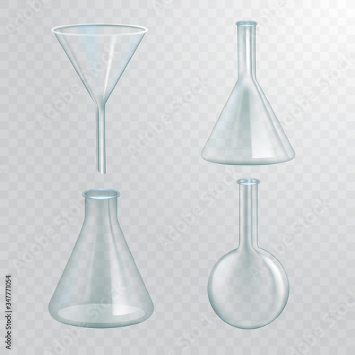 Set of realistic chemical flasks. Transparent empty funnel, bulb, bottle, test tube, filter. Light transparent background. Realistic 3d vector illustration