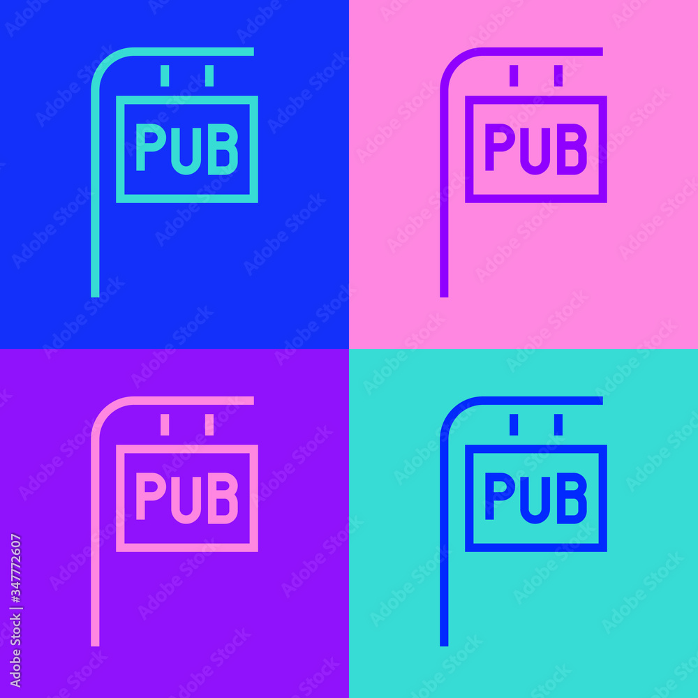 Pop art line Street signboard with inscription Pub icon isolated on color background. Suitable for advertisements bar, cafe, restaurant. Vector Illustration Pop art line Street signboard with inscription Pub icon isolated on color background. Suitable for advertisements bar, cafe, restaurant. Vector Illustration