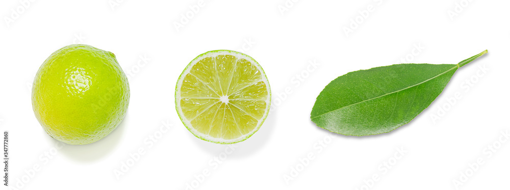 Citrus fruit.Fresh lemon with half and leaves isolated on white