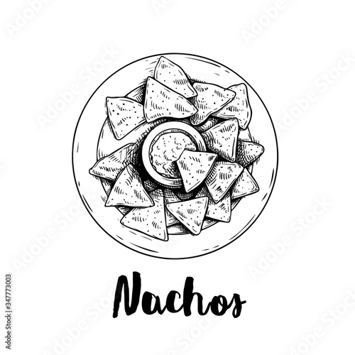 Hand drawn sketch style nachos with guacamole sauce on plate. Top view. Traditional Mexican food. Corn chips. Retro style. Element for Mexican restaurant menu designs. Vector illustration