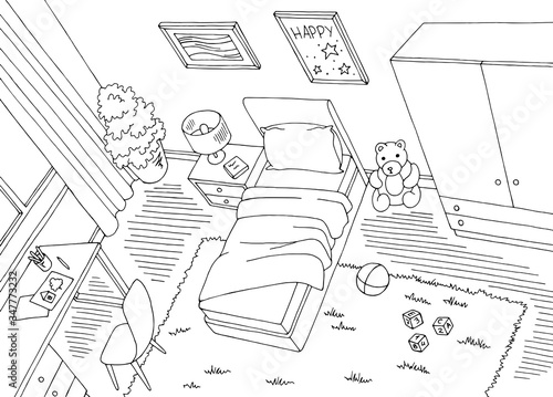 Children room top view from above graphic black white home interior sketch illustration vector