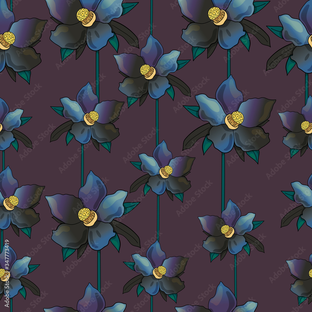 Chamernik seamless vector pattern on purple background. Pattern of winter flowers. Use for printing, textiles, design, design, flyers, greetings, websites, wallpapers, and wrapping paper.