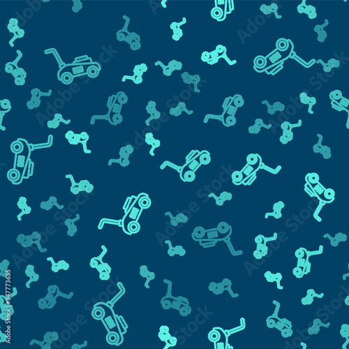 Green line Lawn mower icon isolated seamless pattern on blue background. Lawn mower cutting grass.  Vector Illustration