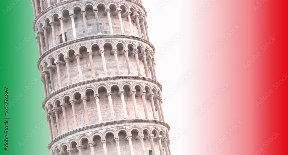 Close-up of the detail of Leaning tower of Pisa, Italy flag colours as background, Italian tricolour