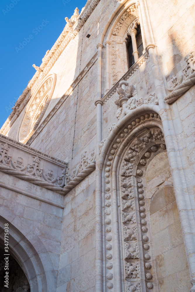 Decorative elements on the outside of the Jeronimos Monastery building, in the Belem district of Lisbon, Portugal