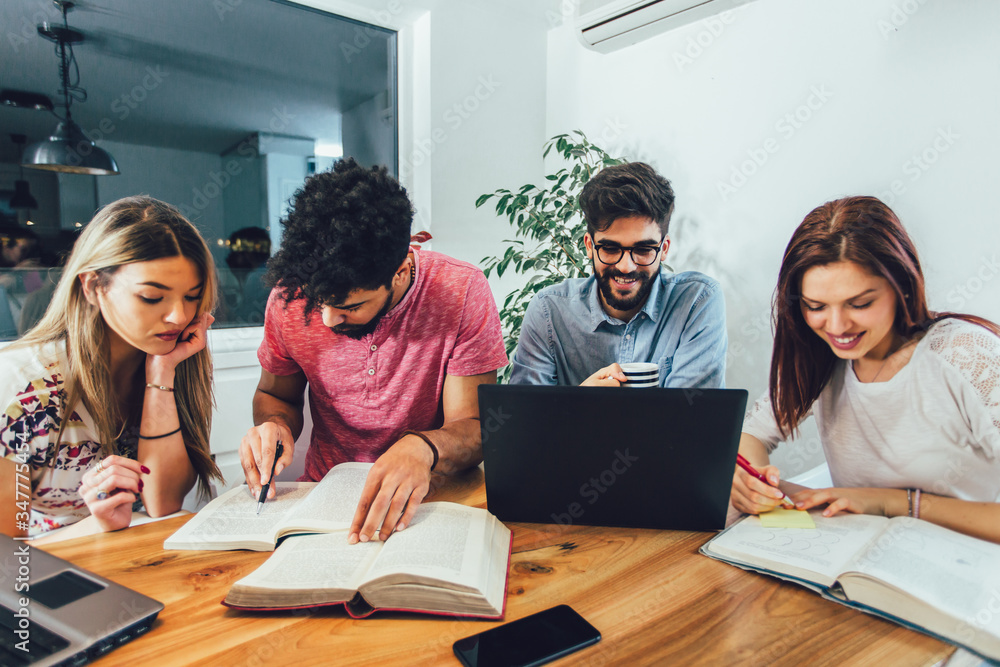 Group of multi ethnic young students preparing for exams in home interior. Group of multi ethnic young students preparing for exams in home interior.