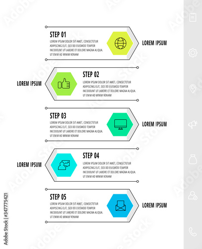 Hexagon infographic design template with 5 options and arrows. Vector business line concept. Can be used for diagram, web, banner, workflow layout, presentations, flow chart, content, levels.
