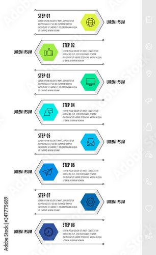Hexagon infographic design template with 8 options and arrows. Vector business line concept. Can be used for diagram, web, banner, workflow layout,, flow chart, info graph, timeline, content, levels. © evseev_tim
