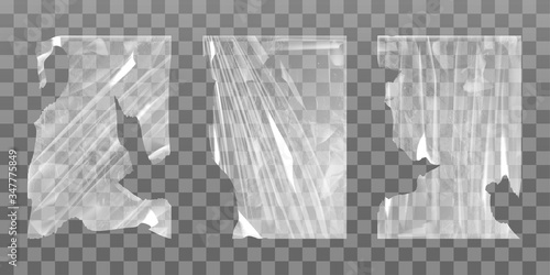 Old cellophane stretch film with torn edges and wrinkles. Vector realistic mockup of dirty clear polyethylene, crumpled elastic foil material isolated on transparent background