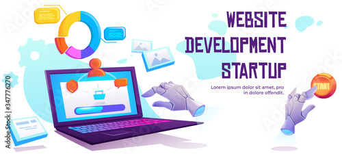 Website development startup banner. Launch project in web technologies. Vector landing page of internet product development with cartoon illustration of laptop, diagram and start button