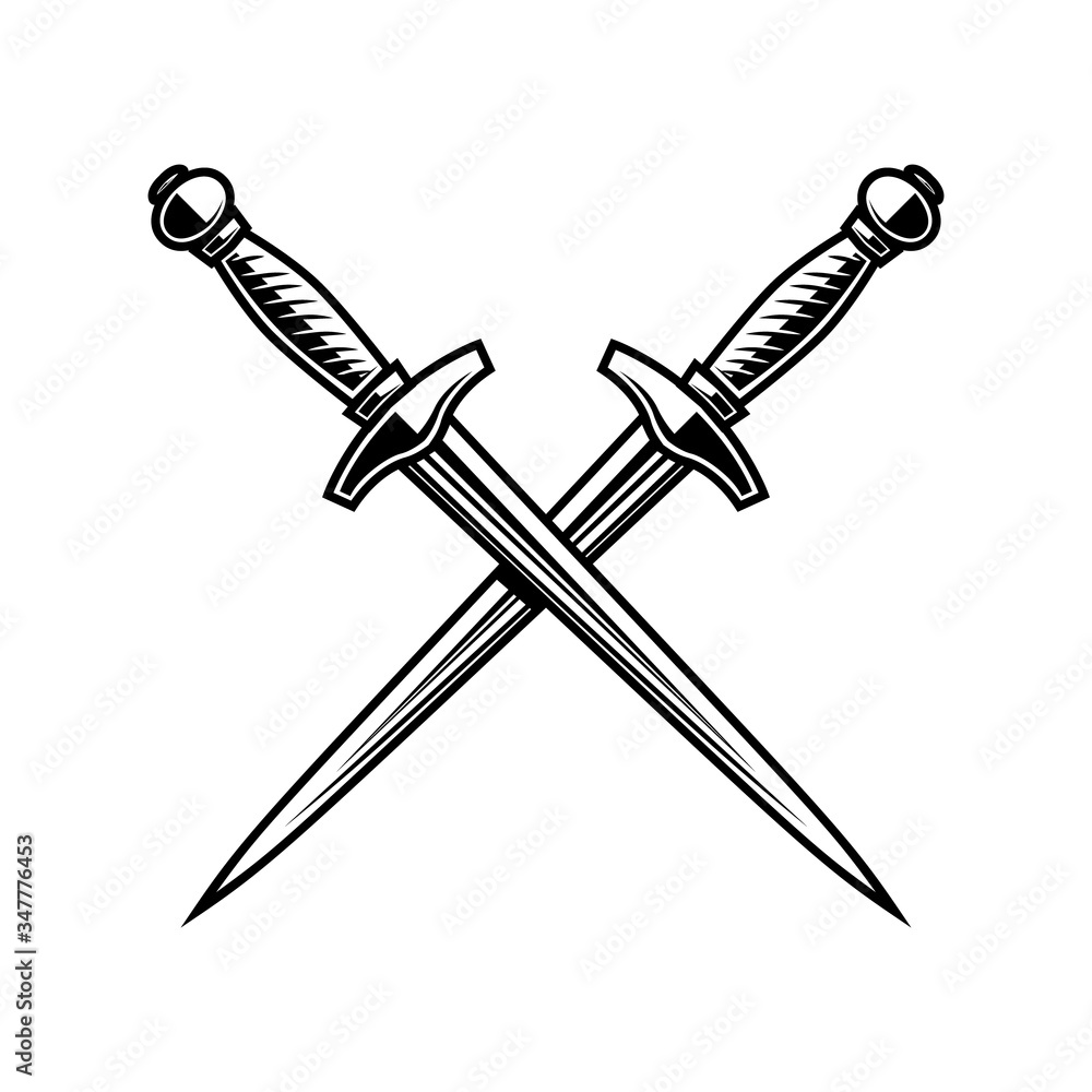 Illustration of crossed daggers in engraving style. Design element for logo, label, emblem, sign. Vector illustration Illustration of crossed daggers in engraving style. Design element for logo, label, emblem, sign. Vector illustration