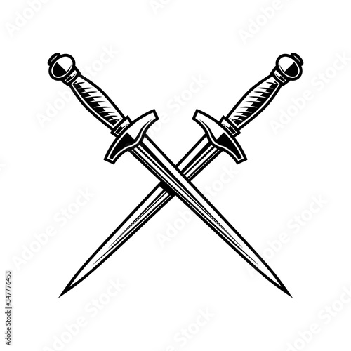 Illustration of crossed daggers in engraving style. Design element for logo, label, emblem, sign. Vector illustration