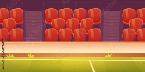 Seats on sport stadium with soccer, football or basketball field. Vector cartoon illustration of empty fan tribune with rows of plastic red chairs and green grass on court