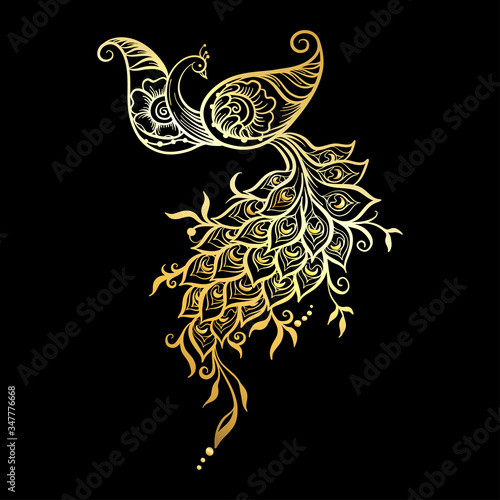 Eastern ethnic style compositions, mehendi, traditional indian henna floral ornament with peacock. Element for design in gold and black. Vector illustration.
