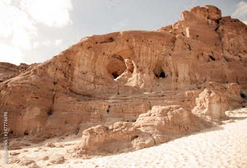 Timna park  Israel - December  2019. Desert landscape near Eilat with rock and arch on a sunny day in the afternoon.