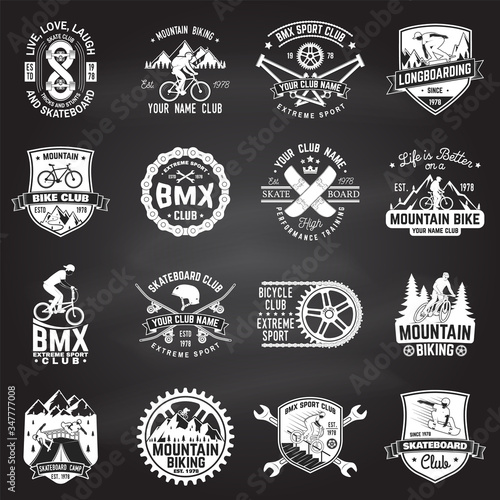 Set of bmx, skateboard, mtb extreme sport club badge on chalkboard. Vector. Concept for shirt, logo, print, stamp, tee with man ride on a sport bicycle, skateboard and bmx. Extreme sport club badge