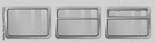 Window inside train interior. Vector realistic set of clear windows with metal frame and handles in metro wagon, passenger compartment in railway transport isolated on transparent background