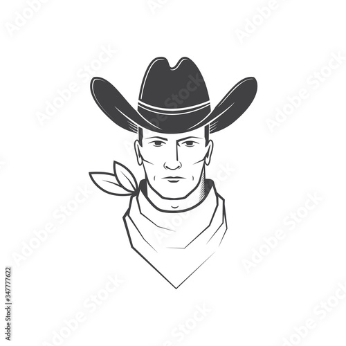 Cowboy face isolated on the white background. Element for shirt, logo, print, stamp, tee. Vector. Wild west.