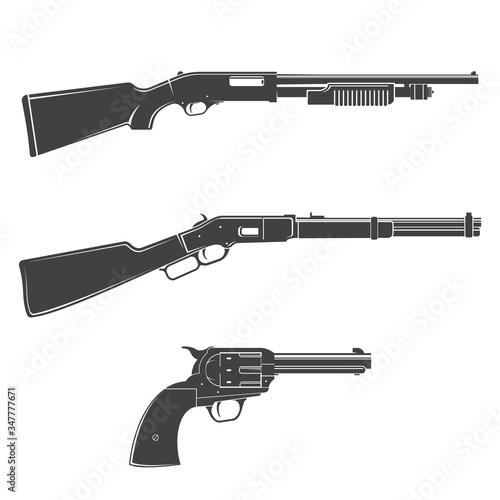 Set of gun and rifles silhouette icon. Vector. Western gun isolated on the white background.