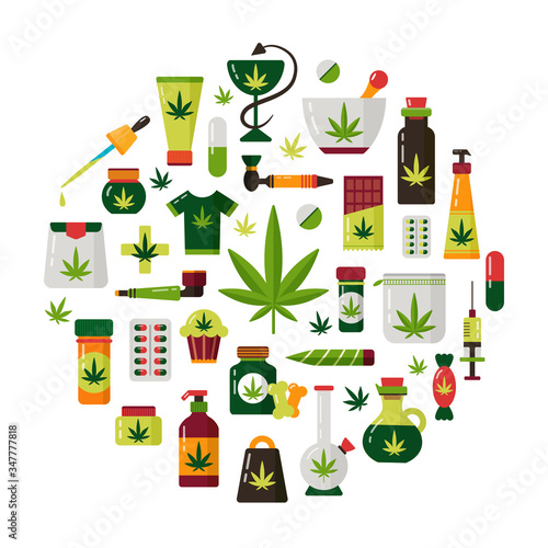 Marijuana hemp cannabis medical legalisation vector set
