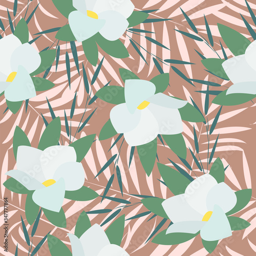Seamless pattern with white flowers and leaves on a pink background. For wrapping paper, textiles, wall paper, pillow prints, bedding, clothing, kitchen supplies, postcards and invitations