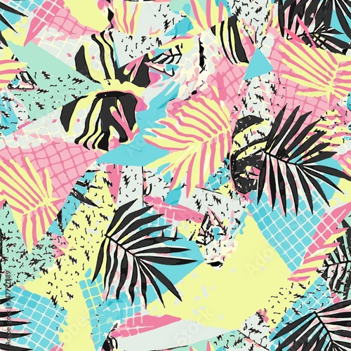 Abstract vector pattern suitable for printing children's prints on textiles, fabrics, clothes, boys, girls.Geometric pattern with tropical leaves monstera retro style. Jungle ornament. Memphis.