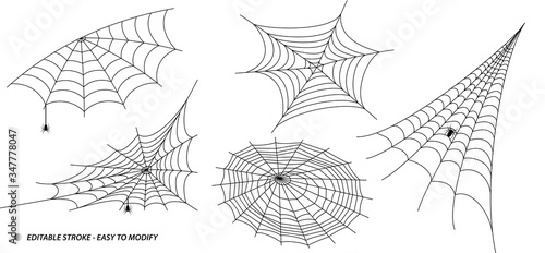 set of spider web or spider home insect or small spider in the web concept. 

editable stroke - eps 10 vector, easy to modify