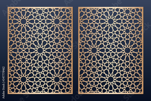 Laser cut panel template with islamic alhambra pattern. May be used for paper, metal, wood cutting. Arabic stencil pattern. Traditional islamic ornament.