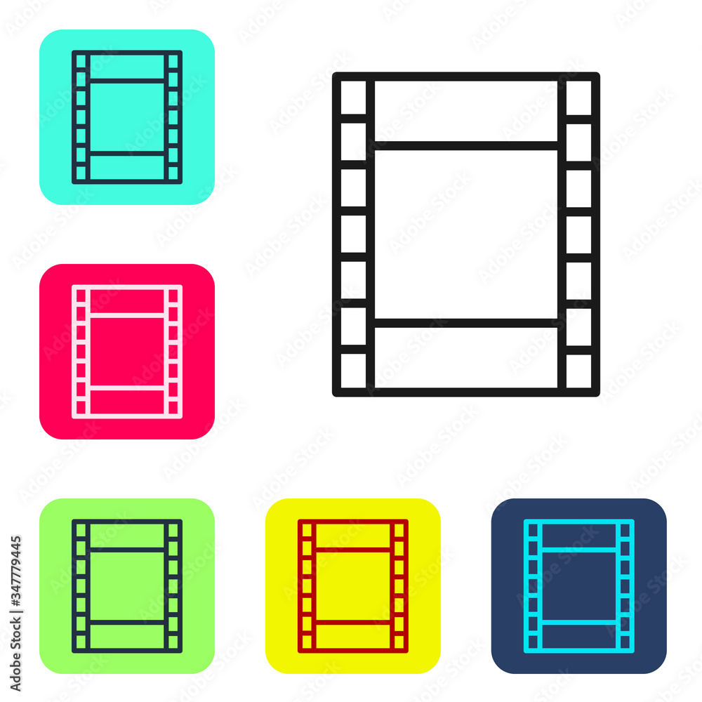 Black line Play Video icon isolated on white background. Film strip sign. Set icons in color square buttons. Vector Illustration